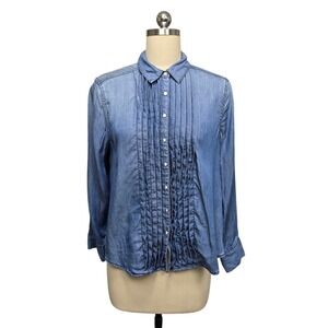 Sundance Denim Pleated Tencel Shirt Blue Long‎ Sleeve Button Up Women PM